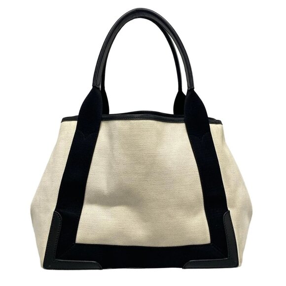 Auth BALENCIAGA Navy Cabas S 339933 Cream Black Canvas Leather Tote Bag - Picture 2 of 16